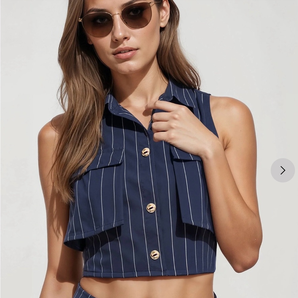 Navy Blue Striped Sleeveless Crop Top